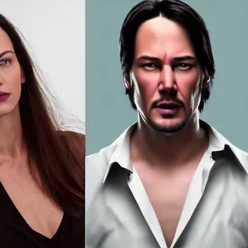 Image similar to a woman who is a genetic combination of keanu reeves and leonardo dicaprio face and upper - body focus