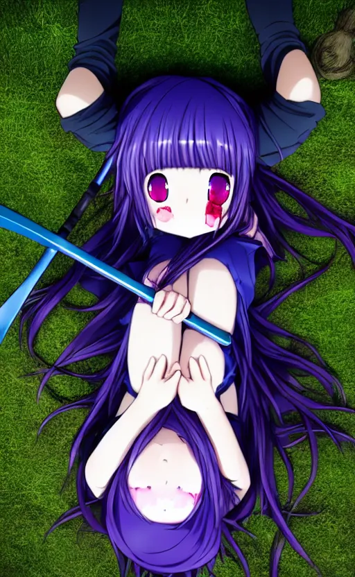Image similar to A top down view of a cute young real life 3D anime girl with long blueish violet hair laying on her back, her hands are above her head, wearing a black reaper hood with shorts, a bloody scythe is laying next to her foot, in a dark field, top down angle, laying on her back, full body, dark and moody lighting, night time