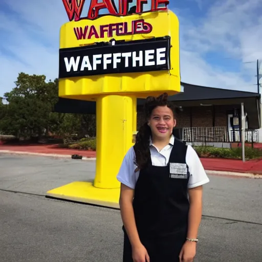 Image similar to wafflehouse employee's standing below wafflehouse sign, employees uniform is black and blue with yellow name tags