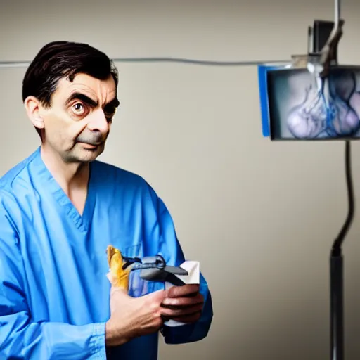 Image similar to Mr bean working as a neurosurgeon, dramatic lighting, detailed photograph, careful surgery 8k
