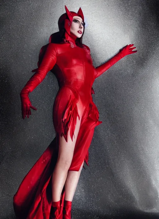 Image similar to photoshoot of lady gaga as the scarlet witch in wandavision , by nick knight, magazine, High resolution. Highly detailed. Dramatic. 8k.4k.