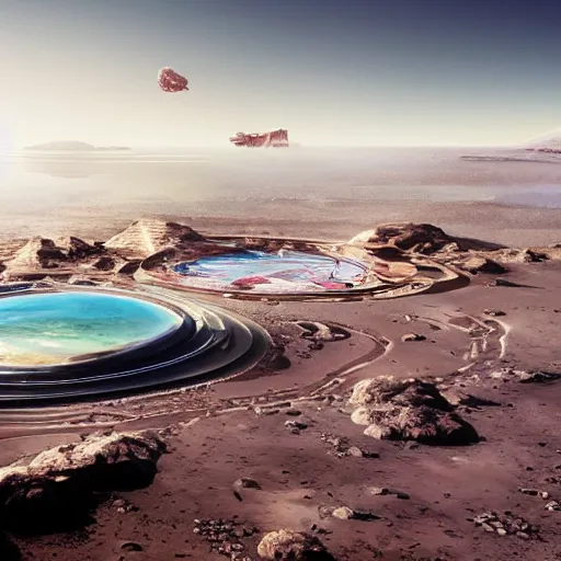 Image similar to a future big city on mars with beautiful beaches inspired by elon musk