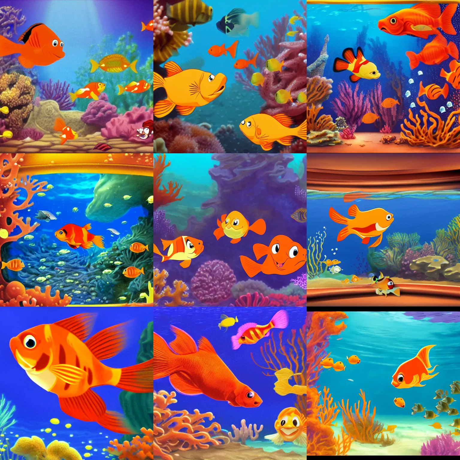 Prompt: a scene with an american goldfish under the sea, in the style of disney, high quality, famous scene, don bluth. screenshot, still image, movie, 2 d
