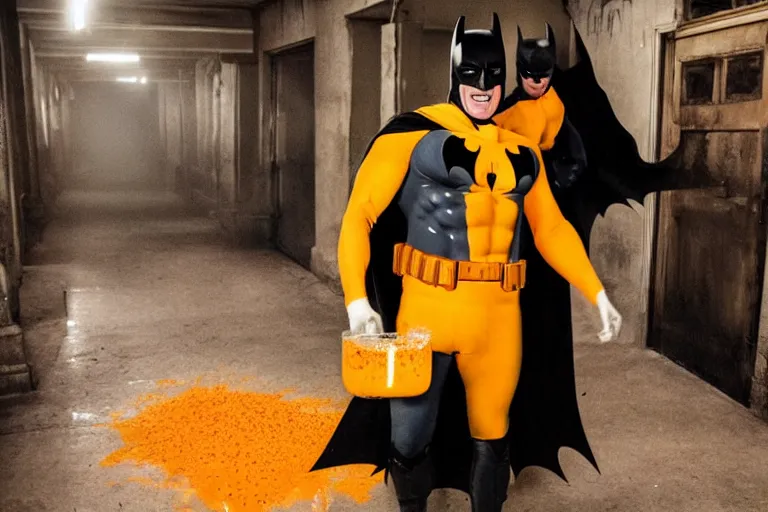 Prompt: batman covered in lots of orange juice offering free beer, chasing through old brown decrepit hallway, creepy smile, atmospheric eerie lighting, dim lighting, bodycam footage, motion blur, photography