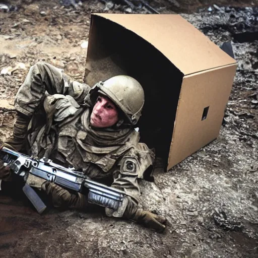 Image similar to an soldier hiding under cardboard box, in middle of war, explosion environment, post apocalyptic, cinematic