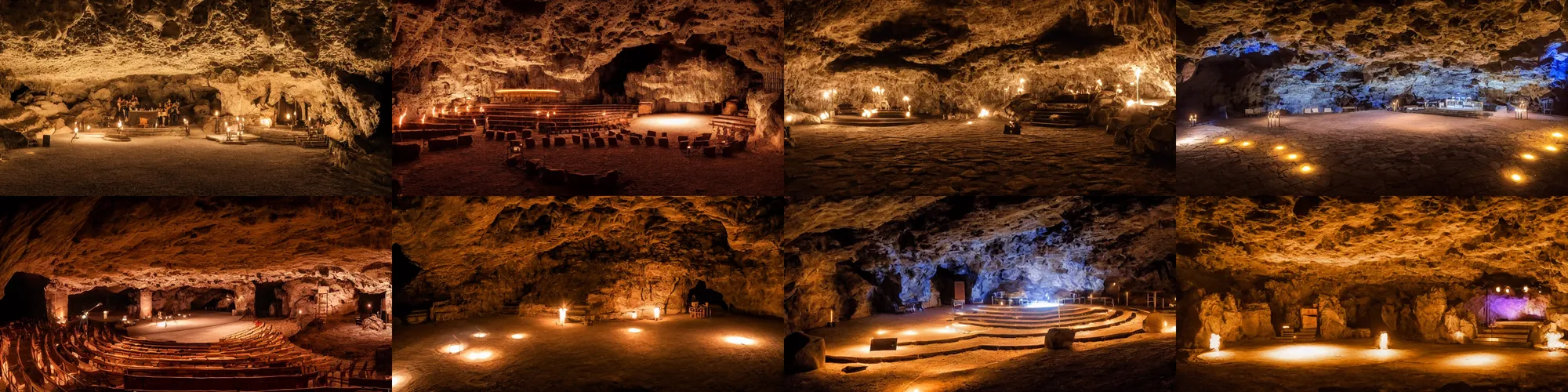 Prompt: amphitheater inside a cave with a stage and stone steps, lit by torch lights, surrounded by tiki torches