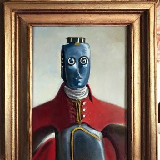 Image similar to oil painting portrait of a steel robot wearing 1 8 th century aristocratic clothing, elegant,