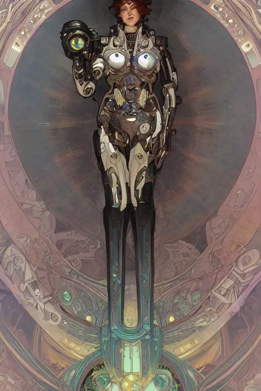 Image similar to realistic detailed portrait of a mecha cyberpunk! goddess by Alphonse Mucha, Charlie Bowater, Art Nouveau cyberpunk! style, mechanical accents!, mecha plate armor, glowing LEDs, flowing wires with leaves, rich deep moody colors