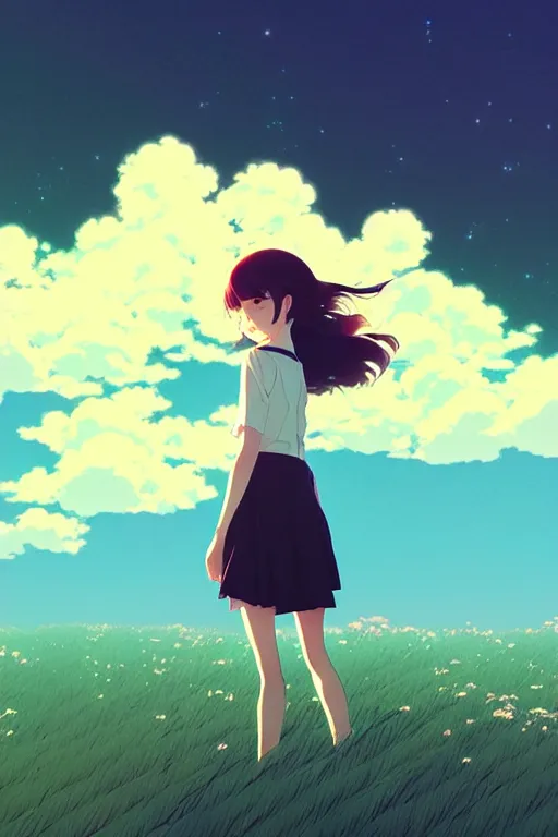 Image similar to cover of a smiling girl by ilya kuvshinov, cloudy sky background lush landscape ln illustration concept art anime key visual trending pixiv by victo ngai fanbox by greg rutkowski makoto shinkai takashi takeuchi studio ghibli