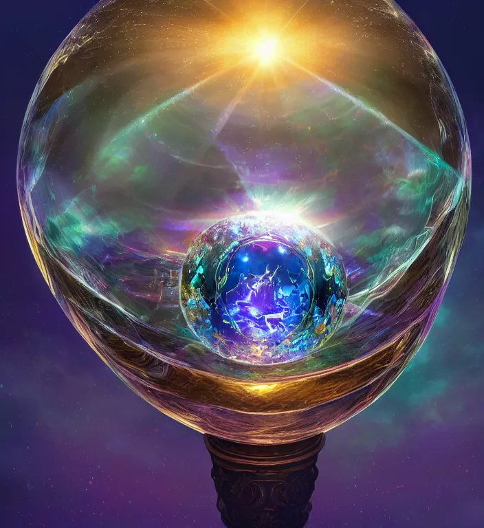 Image similar to a magical and exquisite fantasy illustration of an intricate and faceted crystal ball with a world inside of it + dissolving in to light + prism + god rays + dramatic lightning + backlit + specular highlights + ambient occlusion + global illumination + bump map + reflective + caustics + refractive + unreal engine 5 + DOF + sharp focus, digital artwork by Dan Mumford