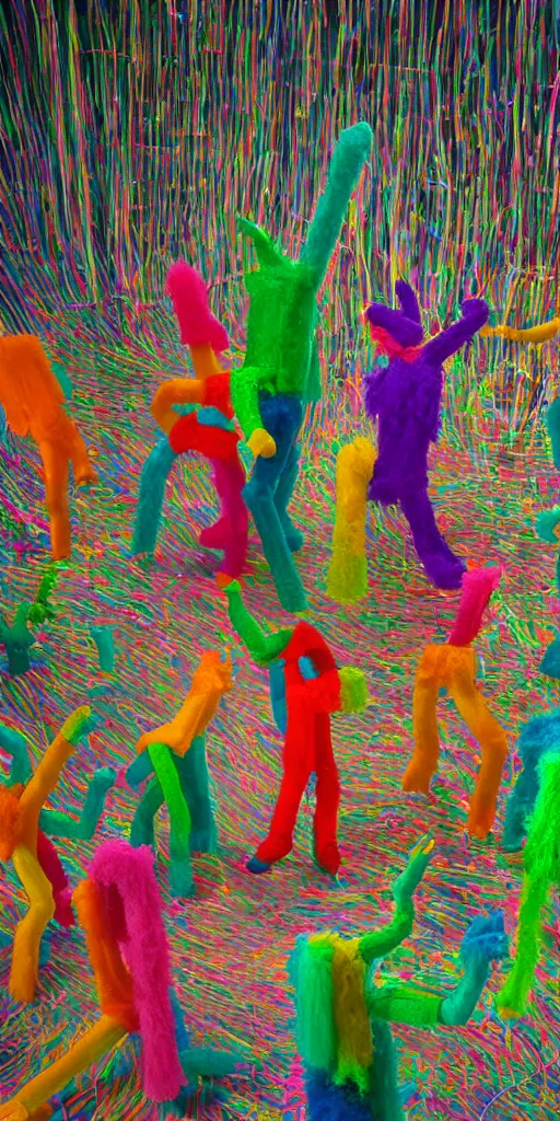 Prompt: group of giant rainbow-colored people dancing in a forest made out of fluffy pipecleaners and crumpled foil in the style of Jean-Michel Basquiat, 3D cinematic lighting, spotlight at a 90 DEGREE ANGLE, photorealism, octane render, depth of field, 8k, 35mm, artgem, Trending on artstation