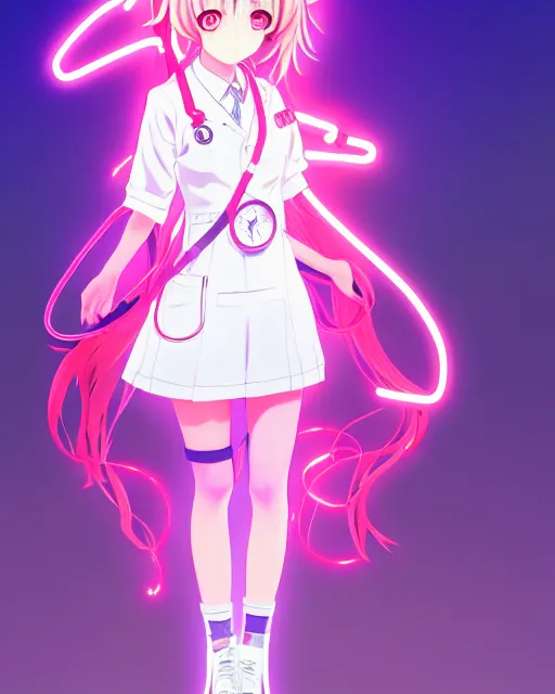 Image similar to anime style, vivid, expressive, full body, 4 k, painting, a cute magical girl with a long wavy hair wearing a nurse outfit, correct proportions, realistic light and shadow effects, neon lights, centered, simple background, studio ghibly makoto shinkai yuji yamaguchi