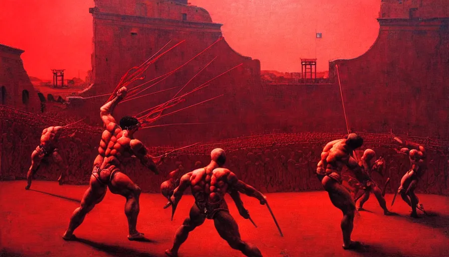 Image similar to only with red, a lightly armored gladiator in a crowded roman amphitheatre, crowd cheering, in the style of beksinski and edward hopper and rodcenko and yue minjun and artgerm, intricate and epic composition, red by caravaggio, highly detailed, masterpiece, red light, artstation