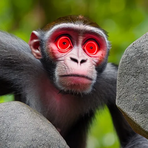 Image similar to a monkey made of stone, with glowing red eyes