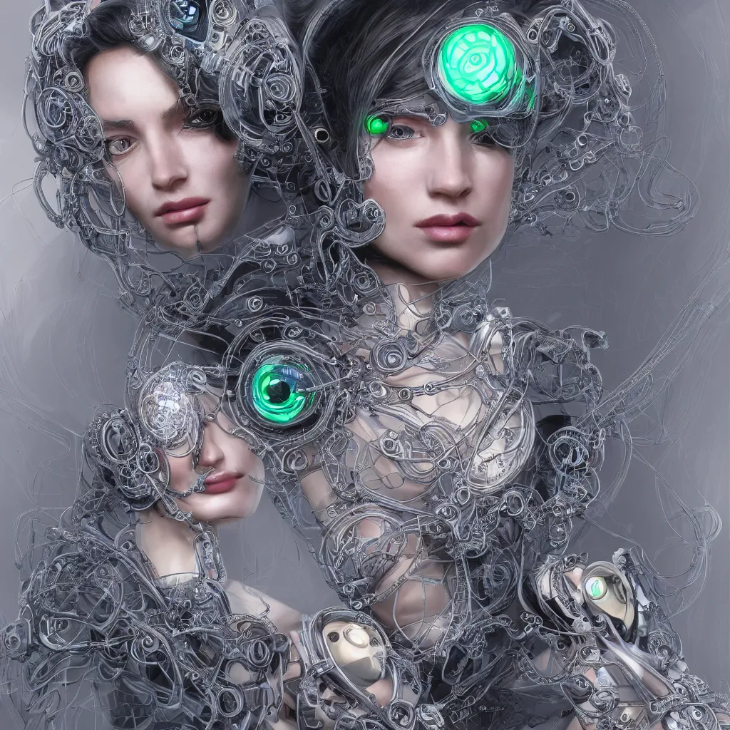 Prompt: very beautiful woman integrating with technology, full face, insipiring, detailed intricate ornate cables connected to head, big open electric eyes, luxurious detailed abundent wiring and implants, diamonds, sci-fi, neon, emeralds, detailed technology full background, highly detailed, artstation, Rene Lalique and Eddie Mendoza