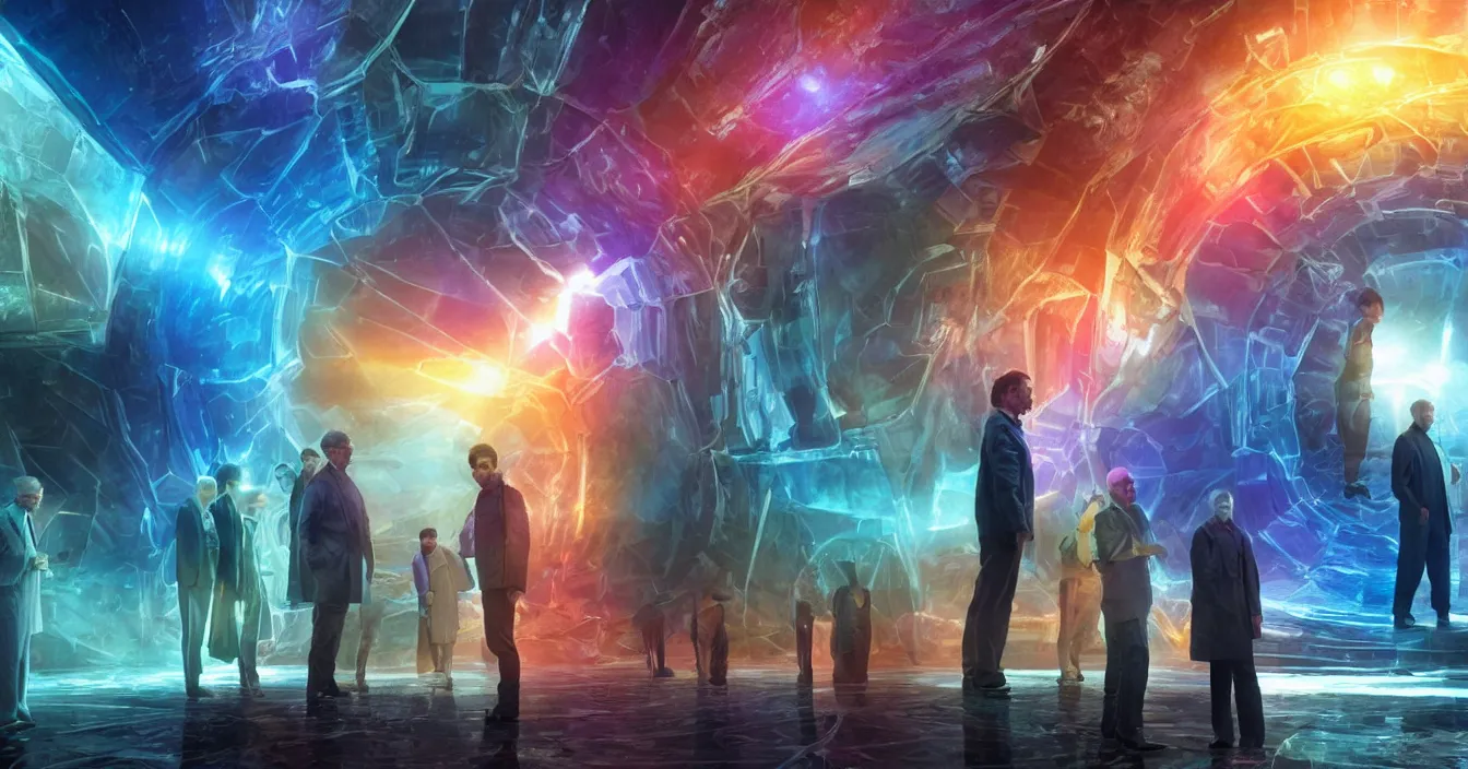 Prompt: realistic poster from scifi movie with portrait of old scientists standing in front glass refractive statue of colorful tesseract, difraction of light, full of reflections, volumetric light, dramatic atmosphere, cinematic composition, satisfied pose, deep depth, defocus, rendered in vray, raytracing, raymarching
