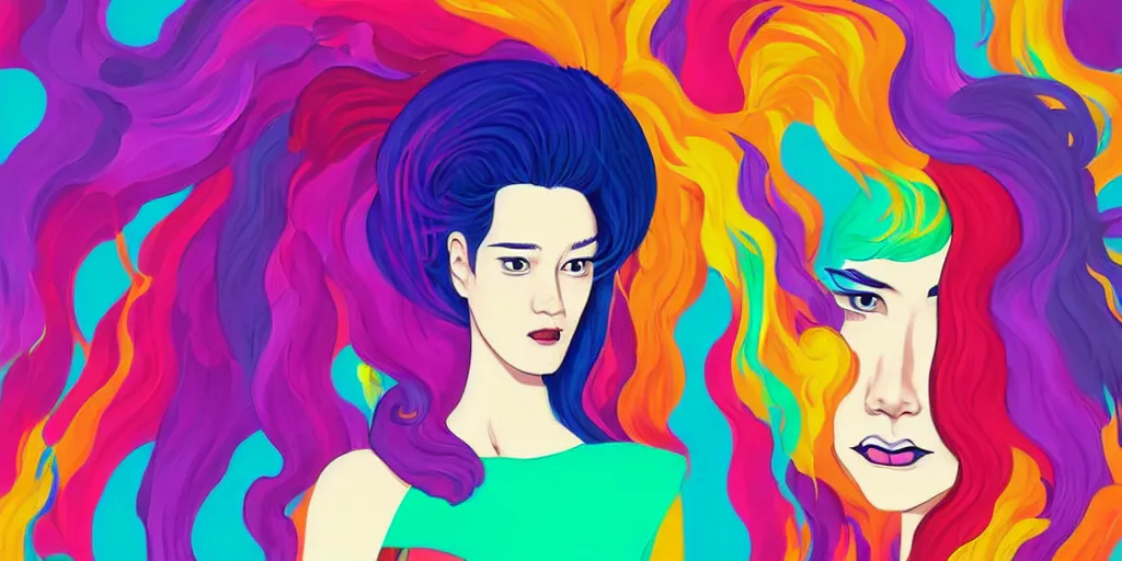 Image similar to a digital painting of a woman with colorful hair, a pop art painting by tomokazu matsuyama, behance contest winner, psychedelic art, psychedelic, 2 d, digital illustration, trending on artstation, anime stylized, accurate fictional proportions, high delicate defined details, ethereal lighting