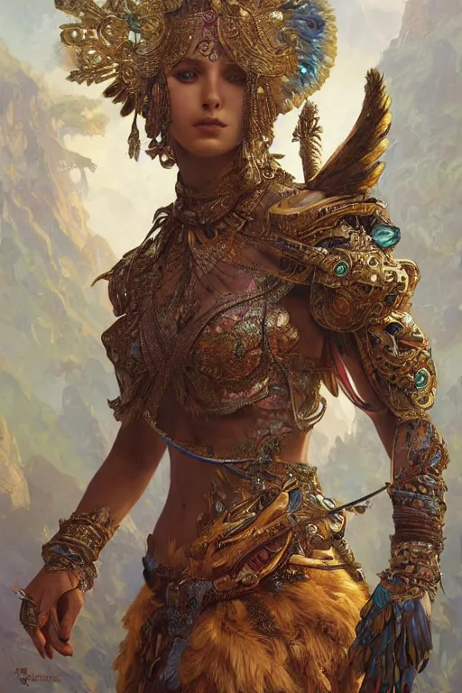 Prompt: a anthropomorphic peacock warrior goddess, D&D, fantasy, intricate, highly detailed, digital painting, artstation, concept art, smooth, sharp focus, illustration, art by artgerm and greg rutkowski and alphonse mucha