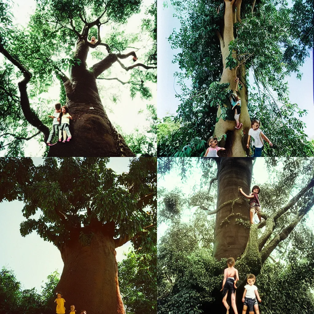 Prompt: “a huge avacado tree being climbed by two small brunette children, shot with kodak porta 160 film”