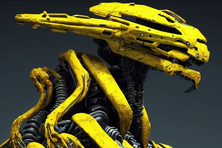 Image similar to portrait of a posed hyper detailed yellow scrounger evangelion realistic mechanical and fleshy organic creature similar look as horizon forbidden west horizon zero dawn bioluminiscence in a dark deep forest at dawn in spring, with reflection and textures, by kilian eng, substance painter reaslitic mech surface metal painted scratches