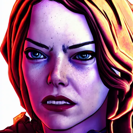 Image similar to emma stone portrait, borderlands, tales from the borderlands, the wolf among us, comic, cinematic lighting, studio quality, 8 k