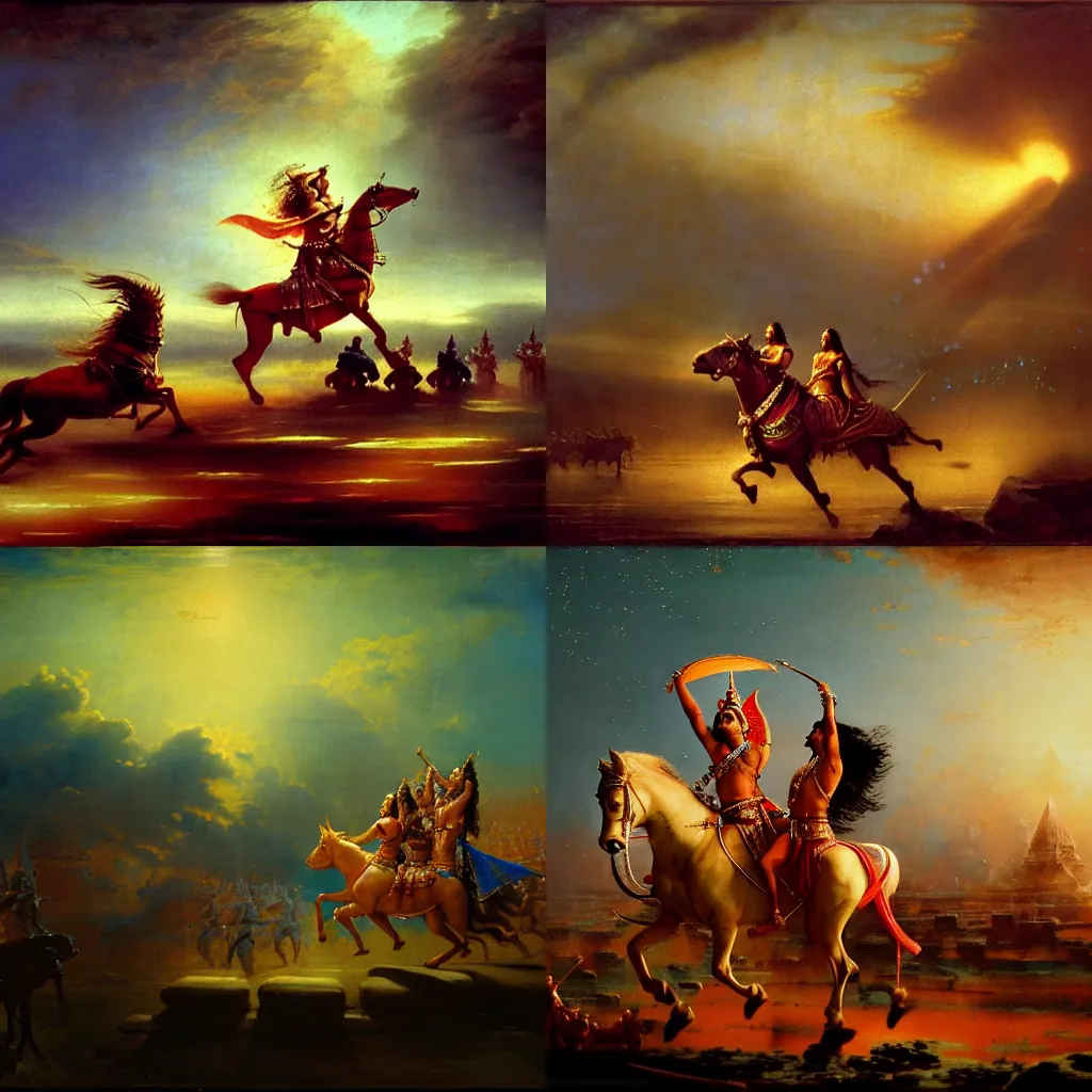 Prompt: Krishana on a chariot with Arjun in the epic battle scene from Mahabharata, by Canaletto, by Bruce Pennington, by Ambrosius Benson, by Paul Lehr, masterpiece, oil on canvas, trending on artstation, top on pixiv, cinematic composition, dramatic scene, beautiful lighting, sharp, high details, astrophotography, no frames, 8K