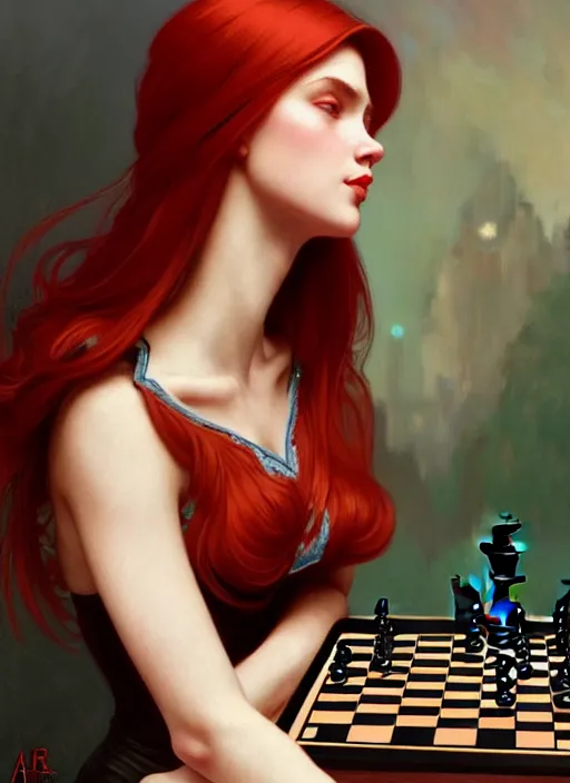 Image similar to a full body fashion photography of a girl playing chess, red hair, intricate, elegant, clearly visible face, highly detailed, digital gallery painting, artstation, concept art, smooth, sharp focus, illustration, art by artgerm and greg rutkowski and alphonse mucha, 8 k