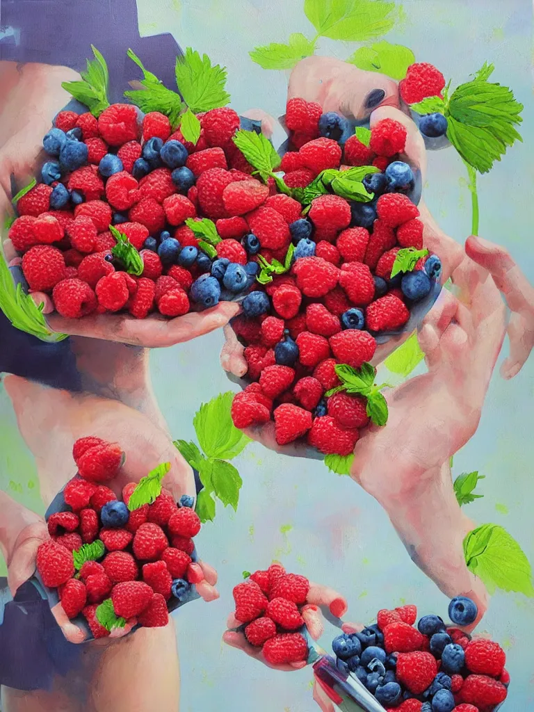 Image similar to “organic, a woman’s hands holding fresh raspberries and strawberries and blueberries, edible flowers, acrylic and spray paint and oilstick on canvas”