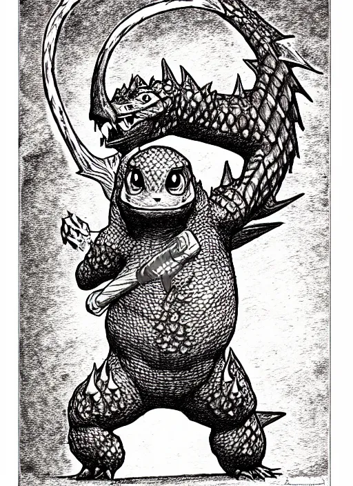Image similar to charmander as a d & d monster, full body, pen - and - ink illustration, etching, by russ nicholson, david a trampier, larry elmore, 1 9 8 1, hq scan, intricate details, stylized border