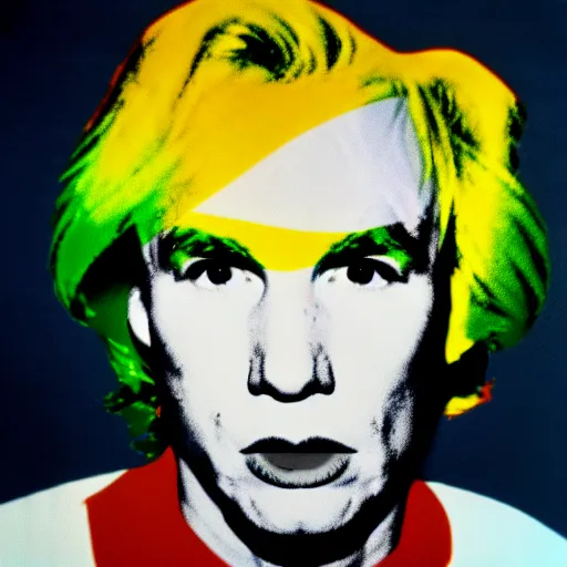 Image similar to colour portrait of angry andy warhol, 20 years old. andy's shoulders are visible in the frame. andy looks straight into the camera. in the style of andy warhol