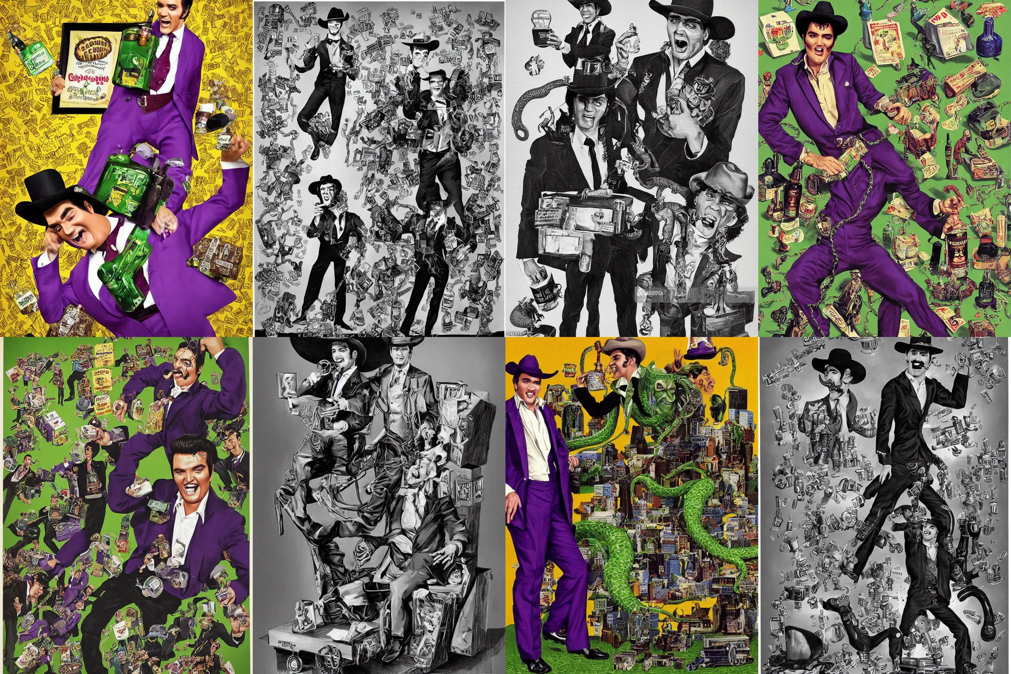 Prompt: long shot full body corporate portrait of a lone frankenstein wrestler salesman elvis presley johnny cash cowboy snakeoil salesman with big smile gleaming eyes and very persuasive facial features wearing oversized cowboy hat with curly moustache and anthropomorphic purple snakeskin business suit, pictured in front of a green screen selling locomotive petroleum snake oil eggs bottled in faberge briefcases on wheels, hyperreal portrait art by carl barks and tex avery and chuck jones and simon bisley