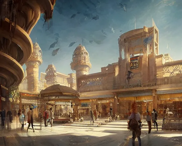 Prompt: a mall in the style of ancient babylon, art by greg rutkowski and artgerma, stunning concept art, interior design architecture