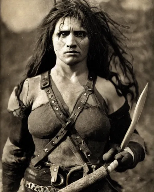 Prompt: female half orc with brown hair, melee weapons, leather clothing, photo by gertrude kasebier