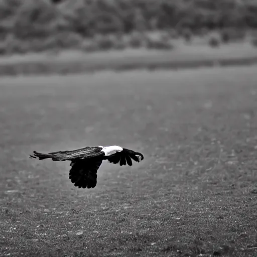 Image similar to a black and white eagle, flying over a forest with a river