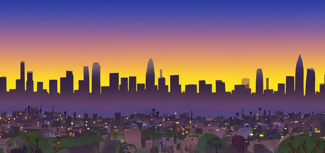 Image similar to cartoony skyline of l. a. at dusk by lou romano, pixar, disney