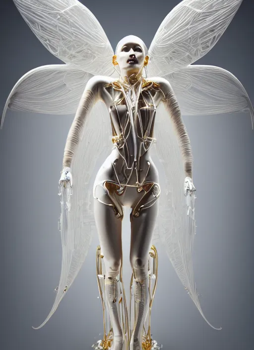 Image similar to a statue made of white marble with gold veins, of an beautiful gorgeous futuristic cybernetic angel girl, prostheses, transhumanism, full body shot, perfect symmetrical body, perfect symmetrical face, hyper realistic, hyper detailed, by johannen voss, by peter kemp, by monia merlo, by michelangelo, octane render, blender, 8 k