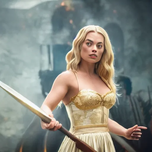 Image similar to hyper realistic action shot of Lux in the movie of Legends played by Margot Robbie, 4k, Carl Zeiss, sigma, Tamron so 85mm, stunning arcanum backdrop, magic, ornate set design, cinematic, lute