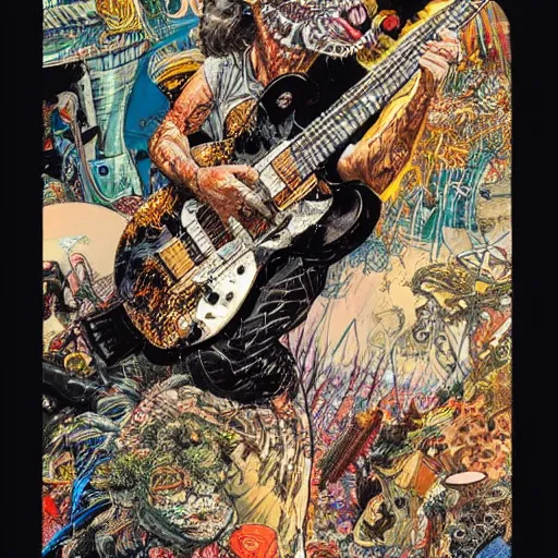 Image similar to A stunning illustration of eddie van halen playing guitar on stage, hyperdetailed mixed media artwork combining the styles of Micheal Kaluta and Geof Darrow, wild power, frantic excitement, emotional release, cathartic headbanging, perfectly symmetrical facial features, 8k, deeply detailed, cinematic lighting