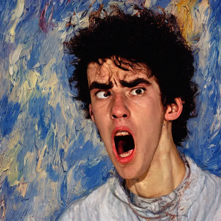 Prompt: warmly lit close up studio portrait of young angry! teenage Cosmo Kramer angrily singing, impasto oil painting thick brushstrokes by Cy Twombly and Anselm Kiefer , trending on artstation dramatic lighting Expressionism