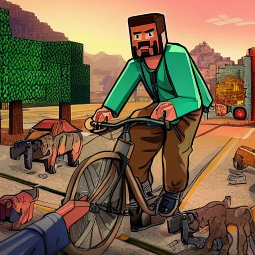 Image similar to minecraft steve in gta v cover art, loading screen, art by stephen bliss