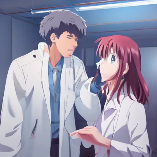 Prompt: a cute and beautiful young lady wearing white coat are talking with a handsome young man wearing white coat in a hospital ward, highly detailed, slice of life anime, illustration, anime scenery by Makoto shinkai