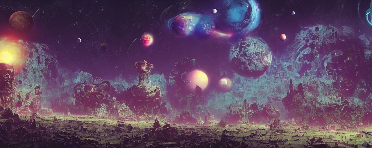Prompt: ” planet and moons made of bones and lasers, [ shards, facets, by paul lehr, cinematic, detailed, epic, widescreen, opening, establishing, mattepainting, photorealistic, realistic textures, octane render ] ”