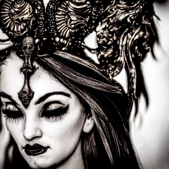 Image similar to candid photography, close up portrait, goddess of death, by anne stokes, updo, highly detailed, uhd