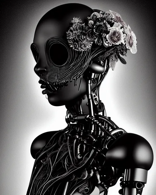 Image similar to black and white dreamy foggy smoky profile face portrait, one silver steampunk realistic eye biomechanical beautiful young female cyclope - cyborg - robot bust, body ribs meshes,, volumetric light, hibiscus flowers, by hg giger, rim light, by dora maar and cecile beaton, big gothic fashion pearl embroidered collar, 8 k
