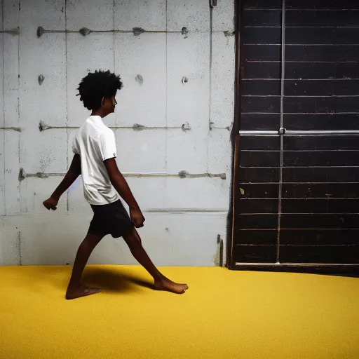 Image similar to black teenage boy with a long nose wearing a white tank top, walking in a nostalgic room with yellow walls and brown carpet