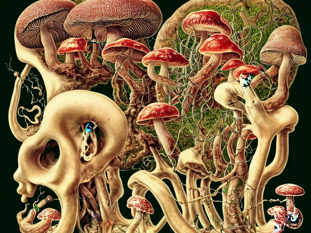 Image similar to human eating yourself with mushrooms, neo surrealism, art by ernst haeckel and daniel martin diaz