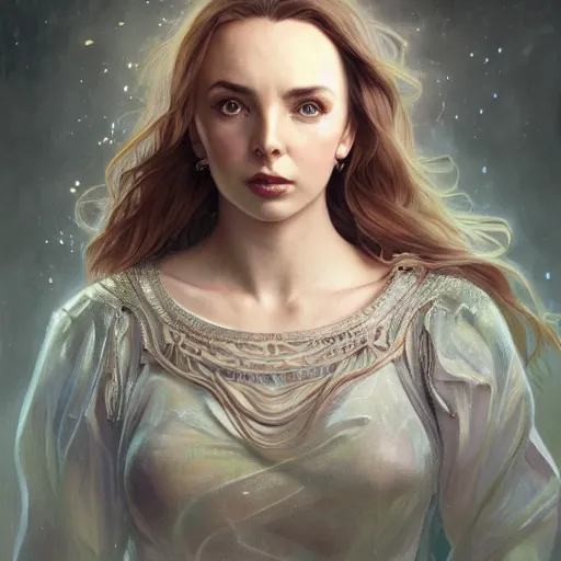 Image similar to full figure ultra realistic illustration, jodie comer as amora, intricate, elegant, highly detailed, digital painting, artstation, concept art, smooth, sharp focus, illustration, art by artgerm and greg rutkowski and alphonse mucha