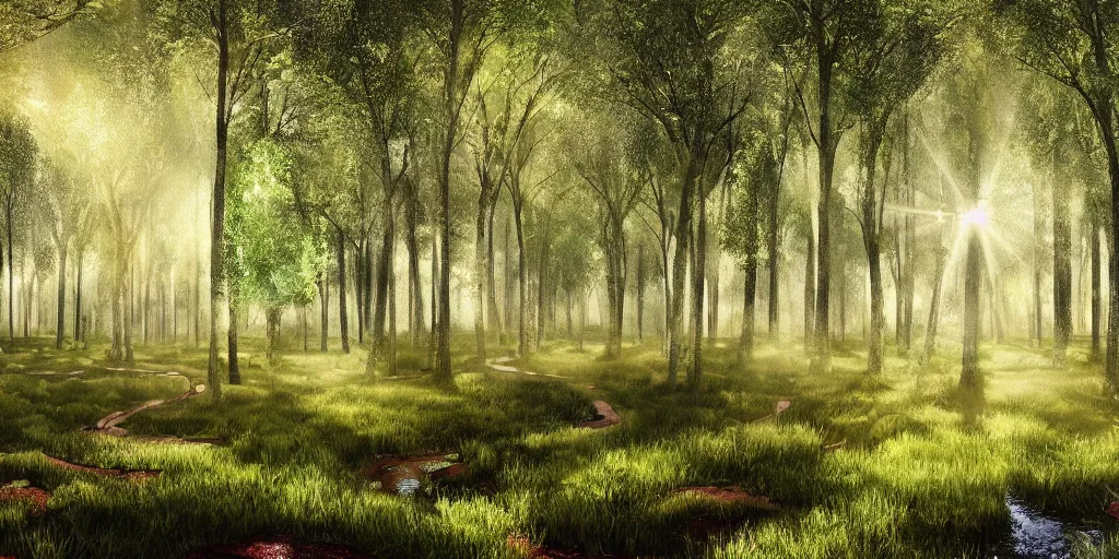 Image similar to immaculate forest with trees spaced at equidistant intervals between circular pools of water on the ground, with light flitering through the trees by pixar, fairytale, magic realism, dynamic camera angle, deep 3 point perspective.