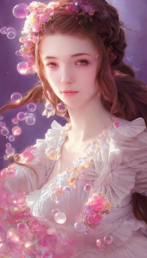 Image similar to portrait of magical lolita girl, dreamy and ethereal, expressive pose, pink eyes, peaceful expression, ornate frilly dress, fantasy, intricate, elegant, many rainbow bubbles, highly detailed, digital painting, artstation, concept art, smooth, sharp focus, illustration, art by artgerm and greg rutkowski and alphonse mucha