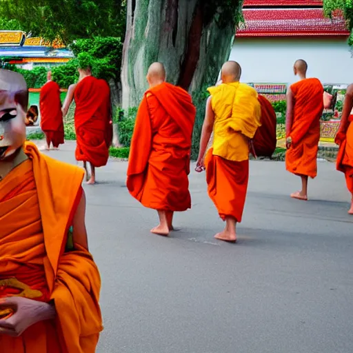 Image similar to Thai Buddhist monks on alms round in the early morning.